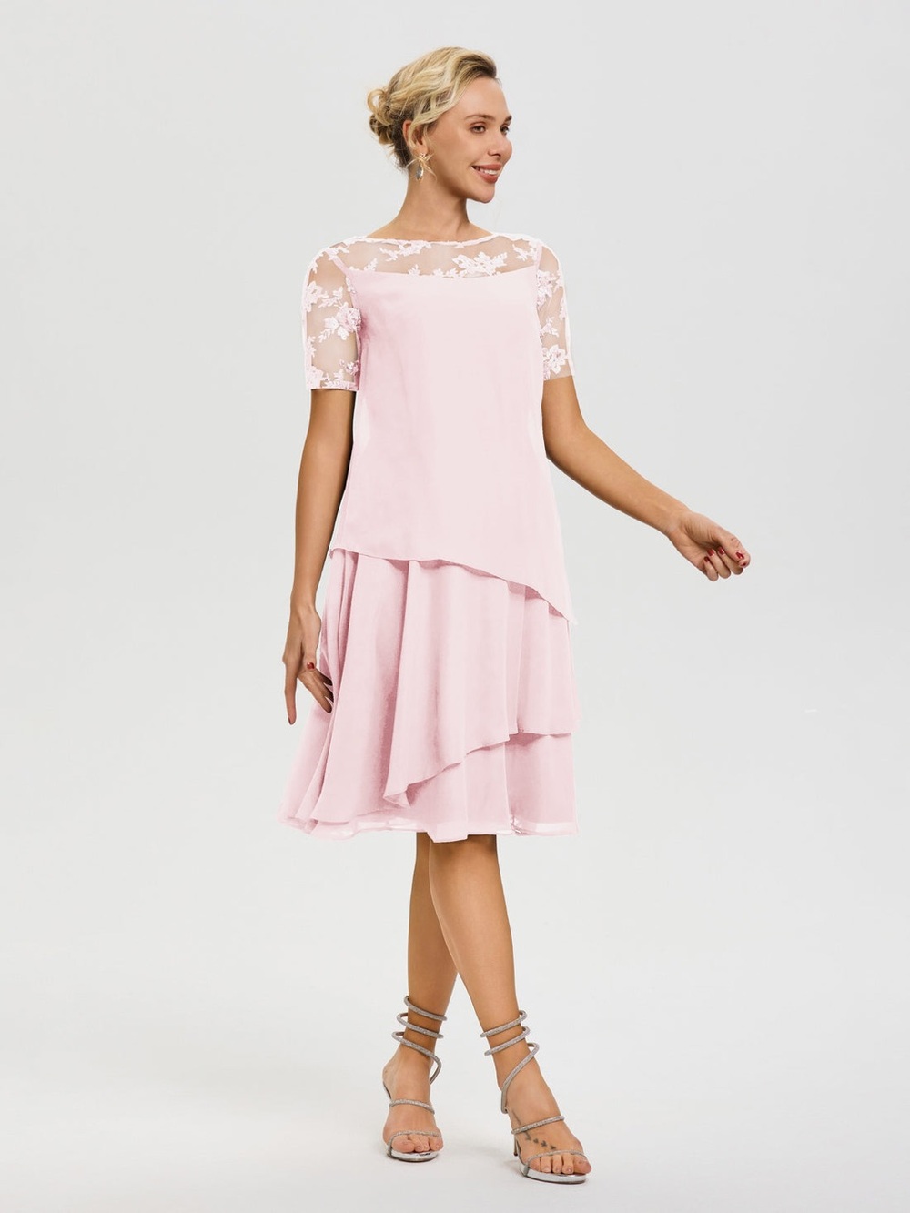 Chiffon Tiered Midi Dress with Lace Yoke - Light Pink